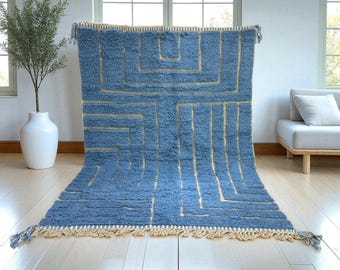 Alfombra marroquí de lana – Alfombra Beni Ourain geométrica azul – Alfombra bereber tejida a mano con laberinto – Decoración de suelo minimalista bohemia de lana - Envío gratuito