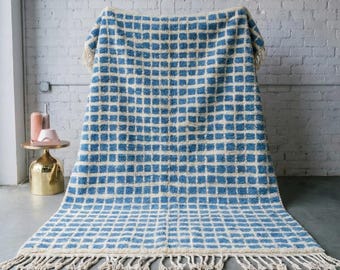 Moroccan Boujaad Rug Sky Blue Ivory Raised Check Pattern | Handmade Wool Berber Carpet | Soft Blue Boho Living Room Area Rug | Custom Size