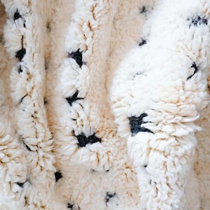 Handmade Moroccan rug in black and white with a dotted Berber pattern and bold black stripe edges. Crafted from natural wool by artisans in the Atlas Mountains, this rug combines authenticity and modern design. Perfect for boho chic, Scandinavian, and minimalist interiors, it brings warmth, texture, and elegance to living rooms, bedrooms, and creative spaces. A luxury Moroccan wool carpet that blends artisanal tradition with contemporary home decor style.