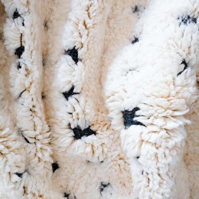 Handmade Moroccan rug in black and white with a dotted Berber pattern and bold black stripe edges. Crafted from natural wool by artisans in the Atlas Mountains, this rug combines authenticity and modern design. Perfect for boho chic, Scandinavian, and minimalist interiors, it brings warmth, texture, and elegance to living rooms, bedrooms, and creative spaces. A luxury Moroccan wool carpet that blends artisanal tradition with contemporary home decor style.