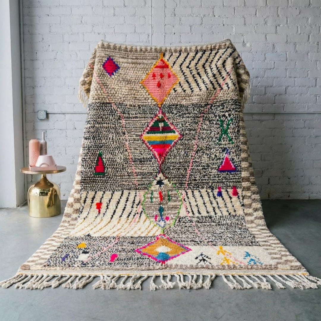 Grey Moroccan Rug - Neon Tribal Diamond Berber Carpet - Handmade Azilal ...