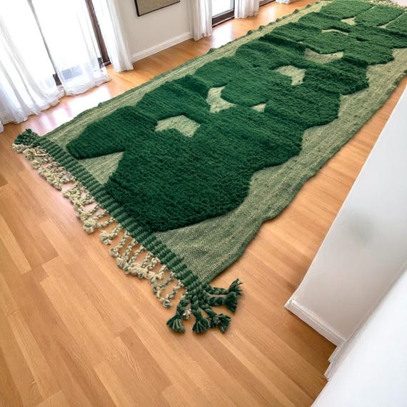 Long Moroccan Runner Rug – Green Wool Beni Ourain Carpet – Hallway Handmade Tapis – Modern Berber Rug for Entry or Narrow Spaces - Wool Rugs