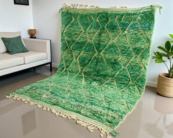 Green Moroccan Wool Rug – Handmade Berber Beni Ourain Carpet, Emerald Shaggy Area Rug, Custom Soft Wool Rug, Modern Boho Interior Decor