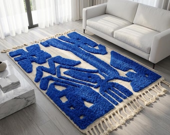 Cobalt Blue Moroccan Wool Rug, Abstract High Low Berber Carpet, Handmade Sculptural Statement Area Rug