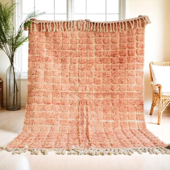 Viral Pink Moroccan Rug – Checkerboard Shag Carpet Handmade – Soft