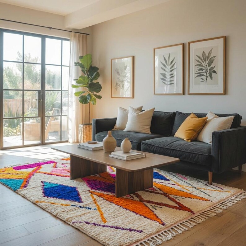 Authentic handmade Moroccan Boujaad rug featuring bold geometric diamond patterns in vibrant multicolor — electric blue, fuchsia pink, orange, yellow and purple on ivory wool background. Hand-knotted by Berber artisans in Morocco using natural wool. Perfect boho statement rug for living room, bedroom or dining room. One-of-a-kind colorful area rug with traditional fringe.