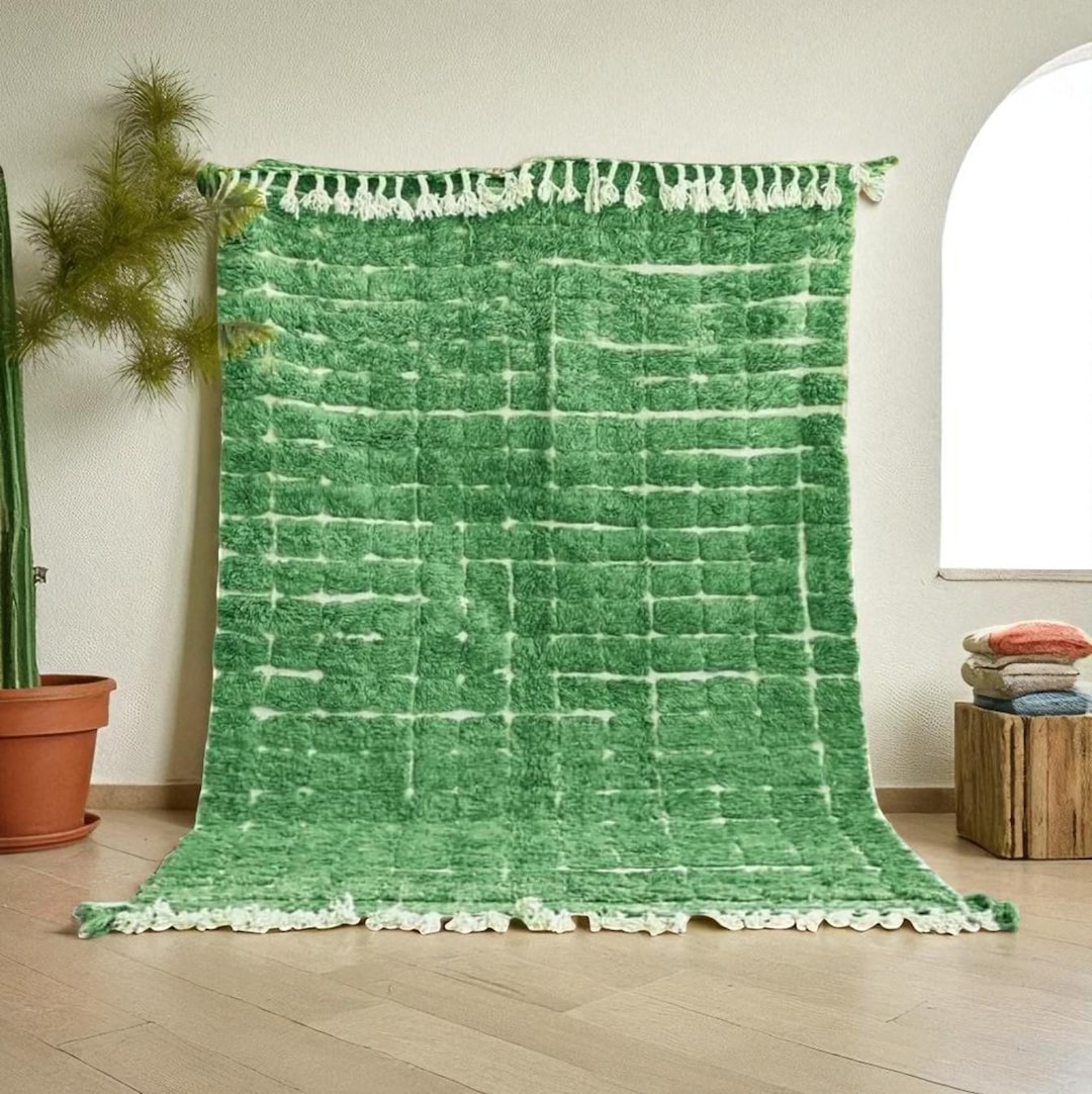 Green Grid Moroccan Wool Rug | Handwoven Berber Carpet | Plush Checker ...