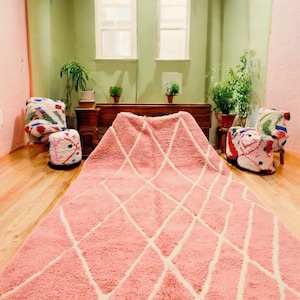 Dusty Rose Pink Moroccan Wool Shag Rug, Handmade Berber Carpet – Boho Diamond Lattice, Modern Bohemian Decor