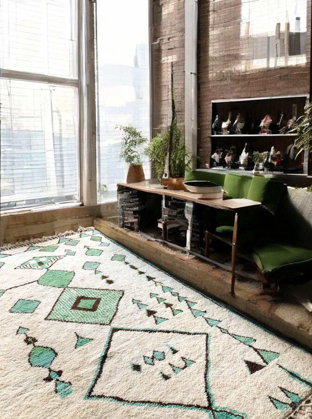 moroccan rug, custom rug, Berber Beni Ourain Wool Rug in Green, Handwoven Geometric Area Rug, rugs for living room, Bohemian Rug, area rug