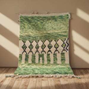 moroccan rug, beni ourain rug, Handmade Moroccan Wool Rug - Green & Cream Carpet - Geometric Area Rug, handmade rug, wool rug, berber rug
