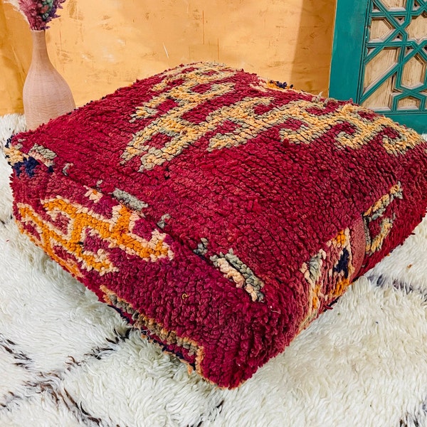 Mega Sale! 70% OFF – Exquisite Scarlet Moroccan Pouf: Artisan Boho Ottoman, Bold Ruby Floor Pillow, Boho – Ultimate Gift for Mom and Sister