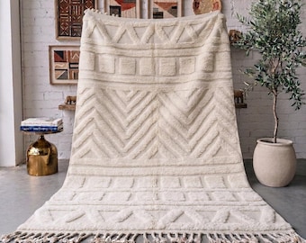 Ivory Moroccan Rug, Handmade Sculpted Wool Rug, Geometric Chevron Berber Area Rug, High Low Beni Mrirt Wool Carpet, Custom Size Rug