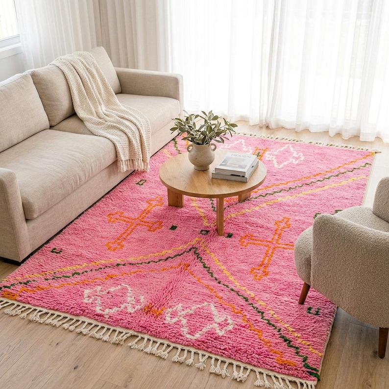 A plush, handwoven Moroccan Boujad rug featuring a vibrant hot pink base adorned with neon orange crosses, white diamonds, and green zigzag geometric patterns. The brightly colored wool carpet is draped elegantly against a white painted brick wall next to a gold accent table with pink pillar candles, perfectly capturing a playful maximalist and dopamine decor aesthetic.