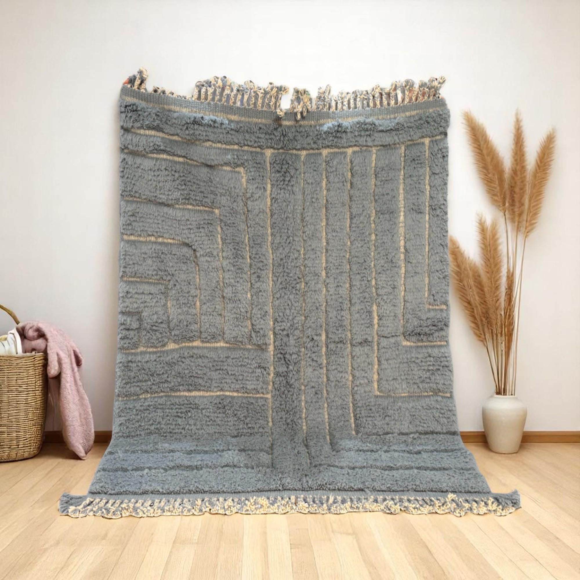 Blue-Gray Beni Ourain Rug – Carved Wool Moroccan Rug – Modern Neutral Berber Carpet – Handmade Textured Tapis from Atlas Mountains