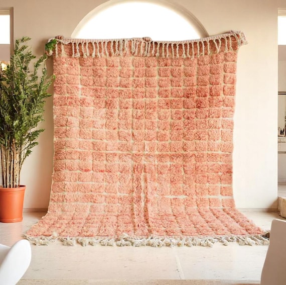 Peach Moroccan Rug – Handwoven Boujad Wool Carpet – Light Pink Grid Design – Cozy Boho Decor – Custom Handmade in Morocco - Free Shipping