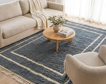 Handgewebter Marokkanischer Teppich Indisch Petrol | Beni Ourain Geometrische Bordüre | Berber Wollteppich | Benutzerdefinierte Größe