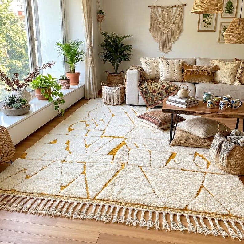 Handmade Moroccan Beni Ourain wool rug in natural ivory with bold mustard gold freehand diamond and geometric line composition. Irregular angular mustard lines and diamond forms are scattered asymmetrically across a thick shaggy ivory pile creating a spontaneous abstract pattern. Knotted cream fringe along the bottom edge. Styled flat on oak wood flooring in a bright boho living room with plants, rattan, and macrame.