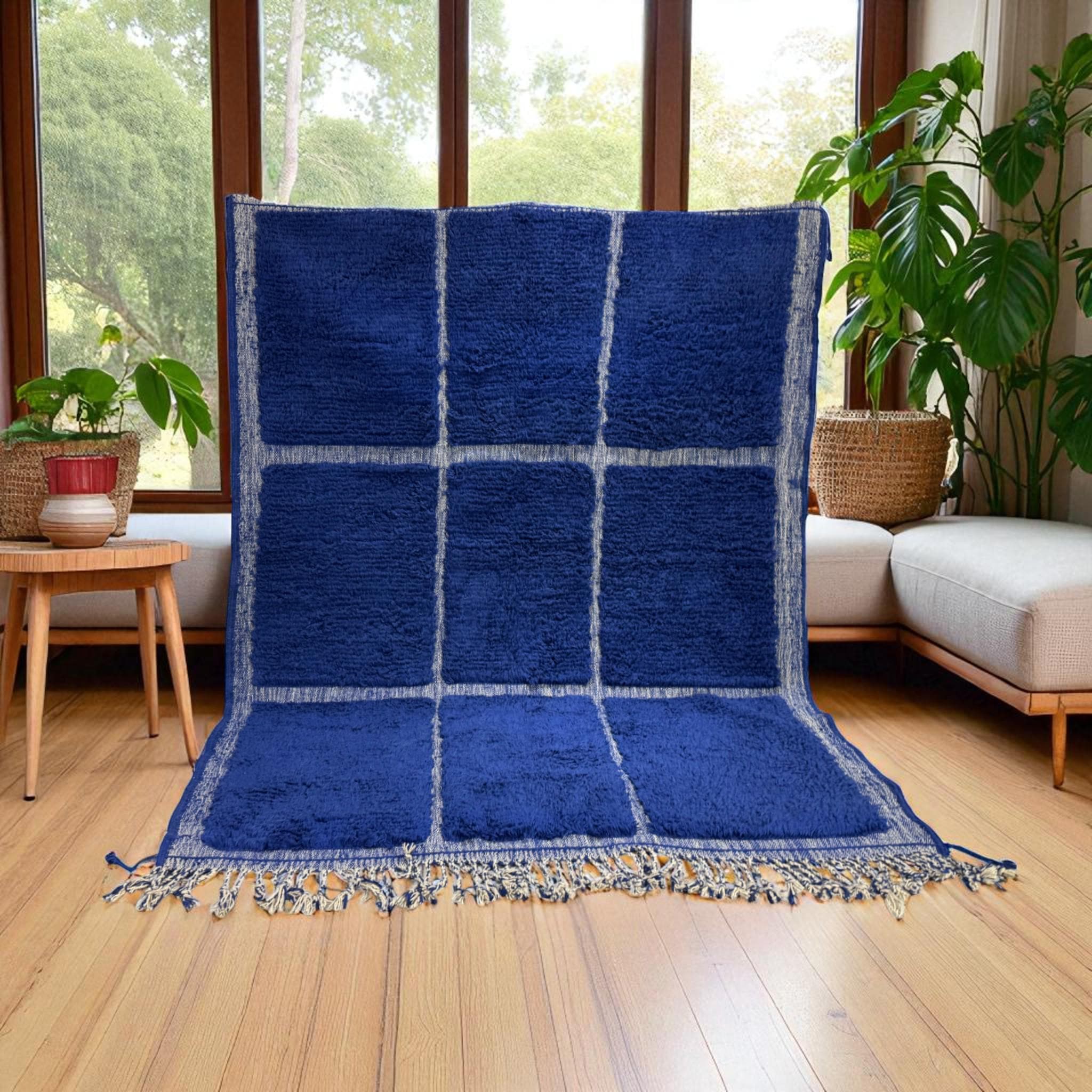 Moroccan Wool Area Rug – Twilight Blue Beni Ourain Carpet – Handwoven Berber Grid Rug – Boho Minimalist Wool Floor Decor - Free Shipping
