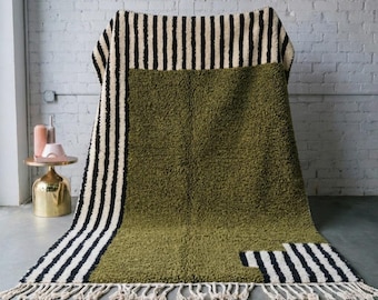 Moroccan Rug Olive Green Black White Stripe Border | Handmade Wool Berber Carpet | Bold Boho Living Room Area Rug | Custom Size