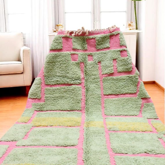 Moroccan Boucherouite Rug - Dopamine Decor | Handmade Green & Pink