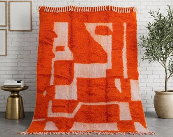 Orange Moroccan Rug, Blush Pink Abstract Wool Rug, Handmade Berber Area Rug, High Low Carpet, Custom Modern Statement Rug