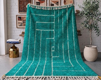 Teal Moroccan Rug, Handmade Geometric Wool Rug, Turquoise Berber Area Rug, High Pile Minimalist Carpet, Custom Size Rug