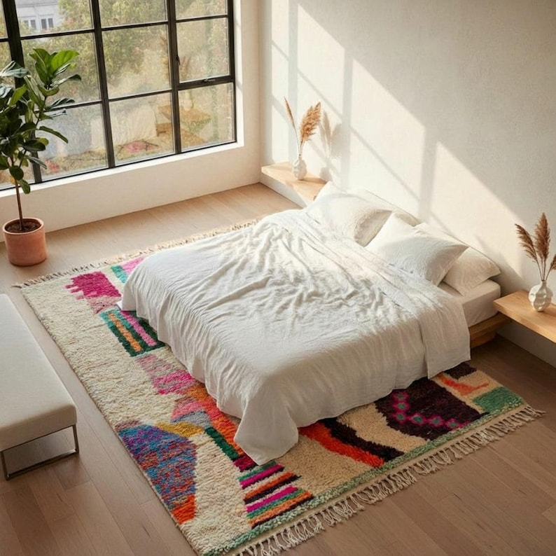 A vibrant, high-pile handmade Moroccan wool rug displayed in a bright industrial studio against a white brick wall. The rug features an eclectic, abstract tribal design with bold splashes of neon pink, teal green, orange, royal blue, and charcoal grey on a natural cream base. The patterns include geometric shapes, abstract figures, and spontaneous color blocking. The rug showcases a thick, plush shaggy texture and authentic hand-knotted cream tassels at the bottom.