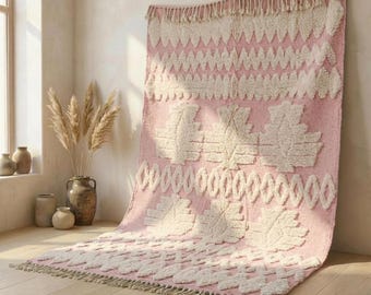 Pink Ivory Moroccan Wool Rug, Sculpted Amazigh Berber Carpet, Handmade High Pile Area Rug, Boho Living Room Decor, Custom Size Area Rug