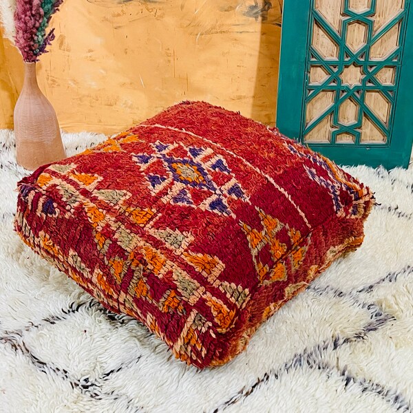 Best Seller! 70% OFF Vintage Red Moroccan Pouf, Handcrafted Crimson Ottoman, Vibrant Bohemian Floor Cushion, Perfect Gift for Mom and Sister