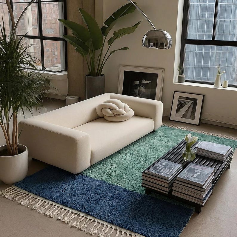Draped Rugs Pistachio & Blue Moroccan Rug - Two Tone Minimalist Wool Carpet ...