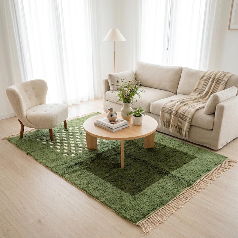 A plush handwoven Moroccan Berber rug in a rich moss green. The thick wool carpet features a solid dark green band near the top and a lighter mossy green base beautifully adorned with small, cream-colored geometric diamond motifs at the bottom. It is draped elegantly against a white painted brick wall next to a gold accent table with trailing ivy, perfectly capturing a warm, earthy, and organic modern interior design aesthetic.