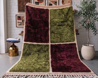 Burgundy Olive Moroccan Rug, Handmade Checkerboard Wool Rug, Geometric Berber Area Rug, High Pile Carpet, Custom Size Living Room Rug