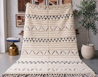 Ivory Black Moroccan Rug, Handmade Tribal Wool Rug, Geometric Berber Area Rug, High Pile Beni Mrirt Carpet, Custom Living Room Rug