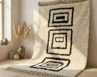 Handgewebter Beni Ourain Teppich Konzentrische Quadrate | Marokkanischer Wollteppich | Geometrischer Berber Teppich in Schwarz Ivory | Benutzerdefinierte Größe