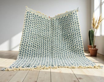 Indian Teal Moroccan Rug – Handmade Wool Area Rug, Modern Geometric Kilim, Boho Runner, Neutral Blue Beige Decor Carpet for Living Room