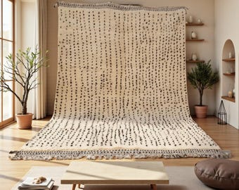 Cream Moroccan Wool Rug – Handmade Berber Beni Ourain Carpet, Black Dotted Pattern Rug, Custom Area Rug, Modern Minimalist Boho Home Decor