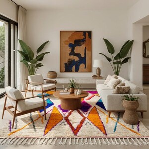 Authentic handmade Moroccan Boujaad rug featuring bold geometric diamond patterns in vibrant multicolor — electric blue, fuchsia pink, orange, yellow and purple on ivory wool background. Hand-knotted by Berber artisans in Morocco using natural wool. Perfect boho statement rug for living room, bedroom or dining room. One-of-a-kind colorful area rug with traditional fringe.