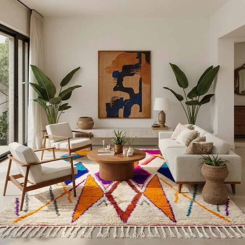 Authentic handmade Moroccan Boujaad rug featuring bold geometric diamond patterns in vibrant multicolor — electric blue, fuchsia pink, orange, yellow and purple on ivory wool background. Hand-knotted by Berber artisans in Morocco using natural wool. Perfect boho statement rug for living room, bedroom or dining room. One-of-a-kind colorful area rug with traditional fringe.