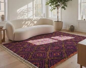 Purple Moroccan Rug, Plum Wool Rug, Handmade Berber Rug, Diamond Area Rug, Aubergine Moroccan Carpet, Luxury Wool Rug, Boho Decor