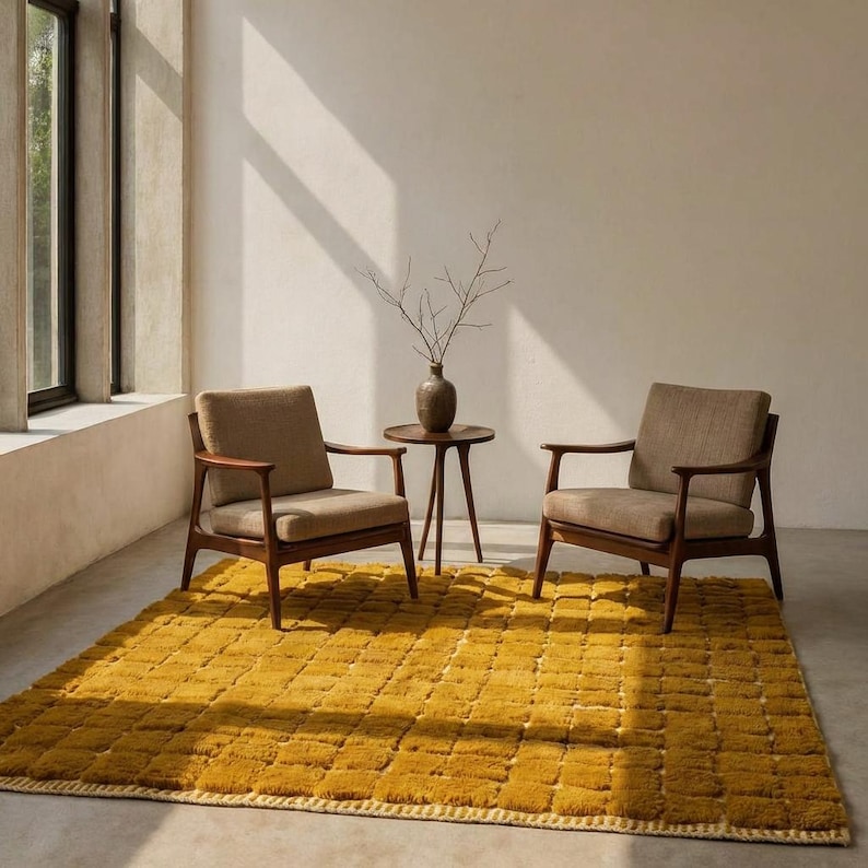 Large handmade Moroccan high-pile shag rug in saturated Thai curry mustard-gold, displayed vertically against a white brick wall. Surface features a tone-on-tone square grid pattern formed through pile variation — raised mustard squares separated by recessed ivory cream channel lines across the entire field. Dense, plush, curly wool pile texture throughout. Knotted braided ivory fringe along the top hem edge and long hand-tied ivory fringe along the bottom edge.