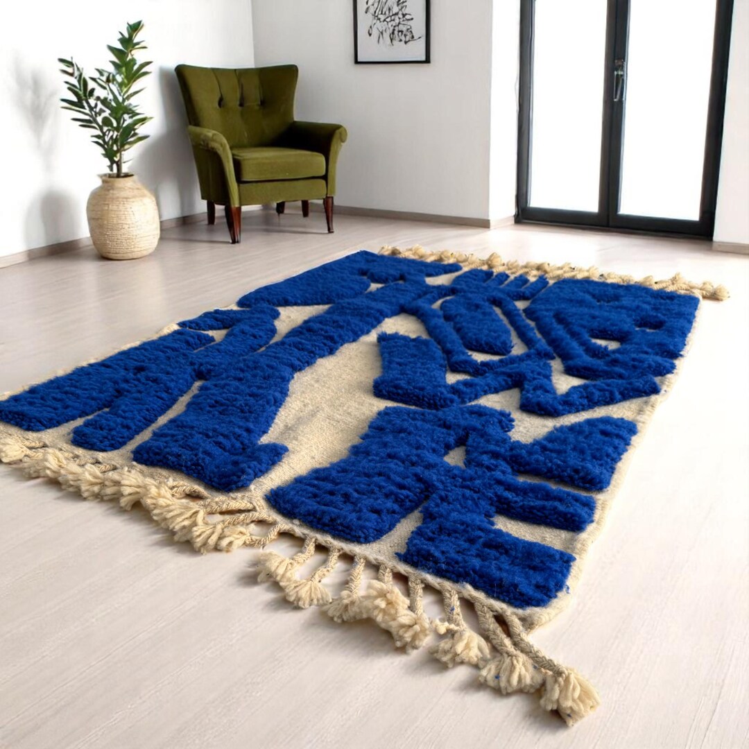 Abstract Blue Rug Pattern Modern Moroccan Abstract Blue Rug | Handmade Wool Beni Carpet | Mini ...