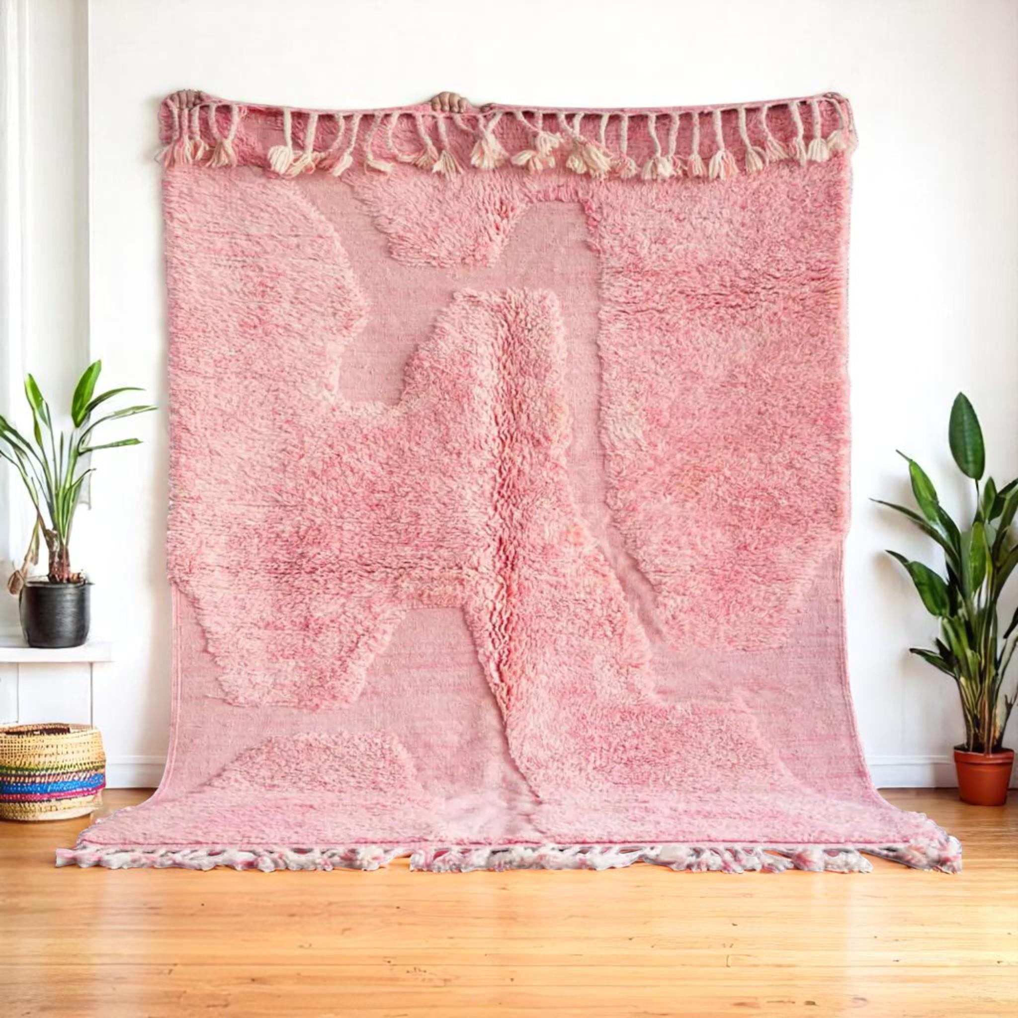 Messy Coquette Pink Rug – Soft Moroccan Beni Style | Fluffy Handmade Wool Carpet for Bedroom or Studio Aesthetic