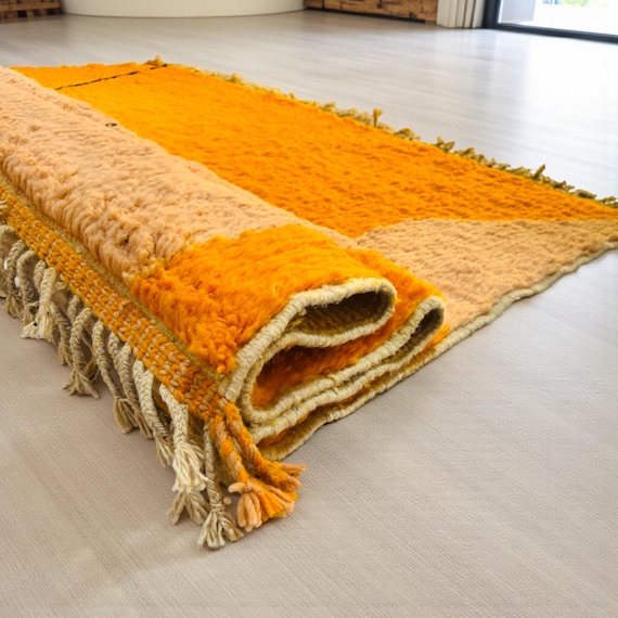 Golden Yellow Moroccan Rug, Handmade Berber Wool Carpet, Modern Abstract Area Rug, Luxury Tribal Boho Decor, Artisan Moroccan Carpet