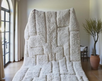 Ivory Textured Moroccan Wool Rug, Handmade Berber Carpet, 3D Modern Wool Rug, Cream Moroccan Shag Rug for Living Room - 100% Wool Carpet