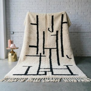 Ivory Black Boujaad Rug | Handmade Moroccan Wool Carpet | Abstract Tifinagh Line Area Rug | Thick Pile Berber Living Room Rug