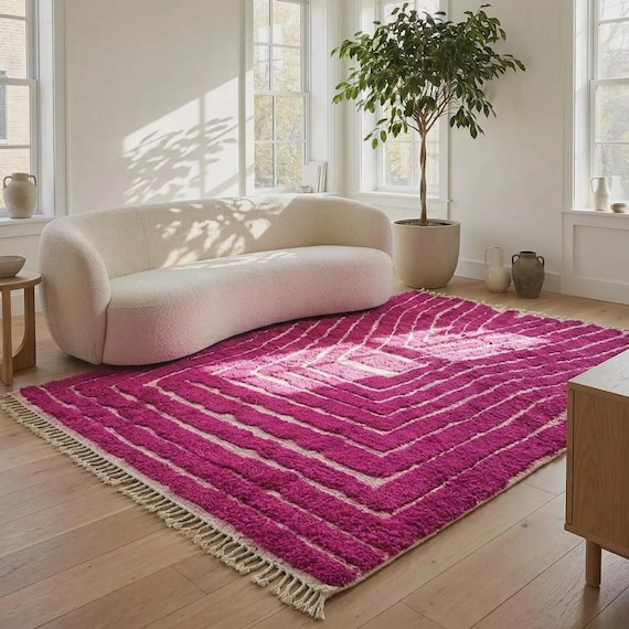 Fuchsia Beni Mrirt Rug, Pink Moroccan Wool Area Rug, Modern Berber