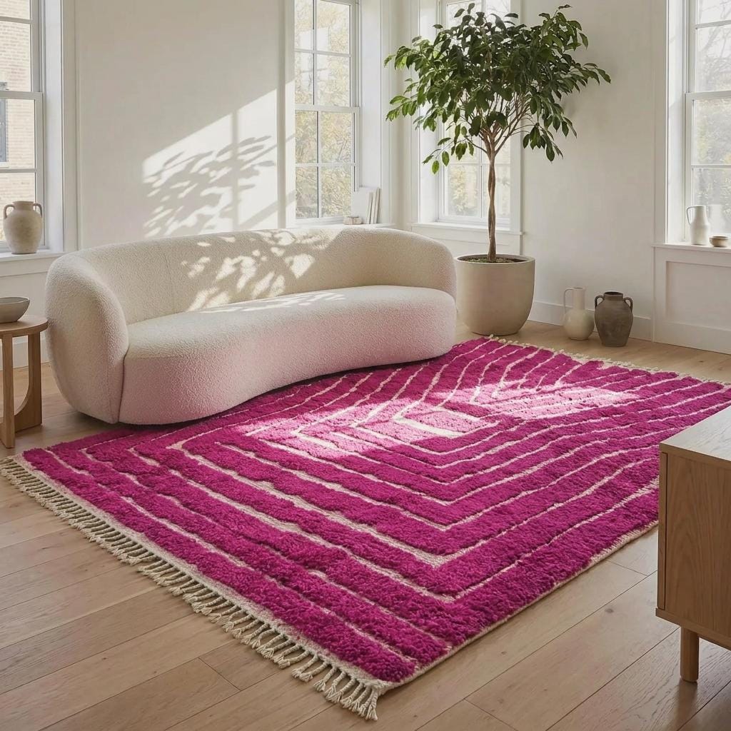 Fuchsia Beni Mrirt Rug, Pink Moroccan Wool Area Rug, Modern Berber