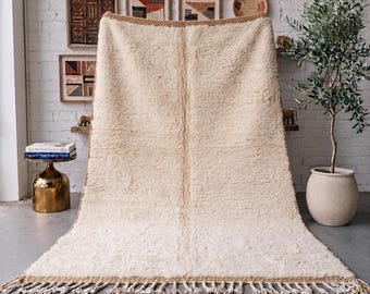 Ivory Cream Moroccan Rug, Handmade Wool Berber Area Rug, Minimalist Beni Mrirt Carpet, Plush High Pile Neutral Rug, Custom Size Wool Rug
