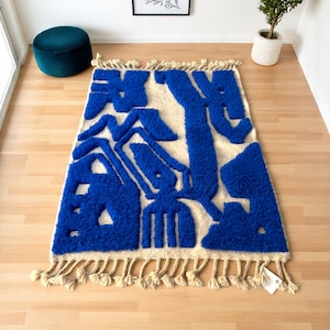 Morrocan Rug, Rug for living room, Striped blue rugs, Moroccan Rug Handmade, Wool Beni Ourain Rug, berber Rug, Area Rug 8x10