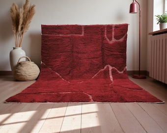 Minimalist Moroccan Wool Rug – Handmade Burgundy Red Berber Rug, Deep Wine Red Plush Area Rug, Modern Solid Moroccan Rug